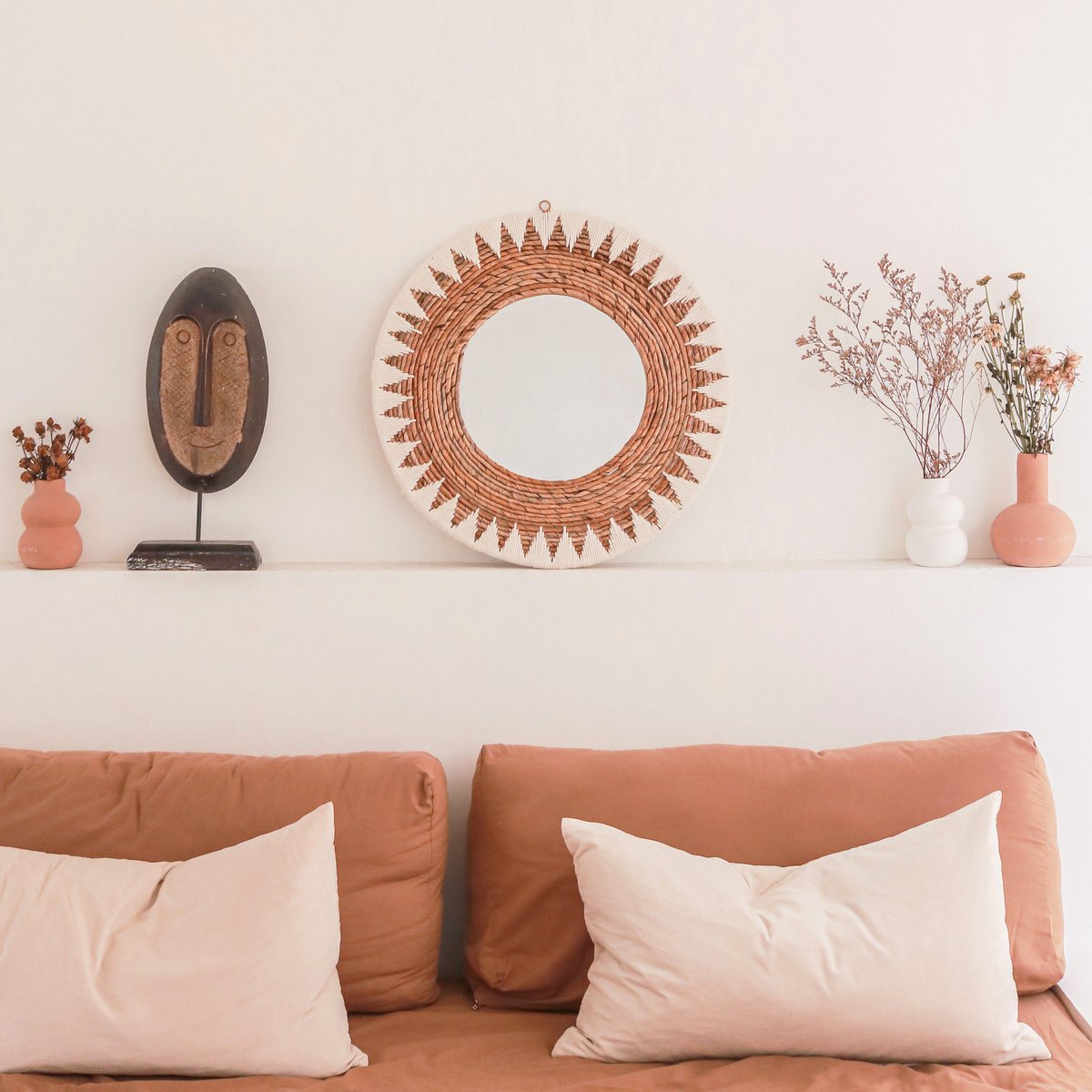 Ronde Boho Spiegel 60 cm | Handgemaakte geweven wandspiegel AWAN | Wanddecoratie met patroon gemaakt van katoenen koorden