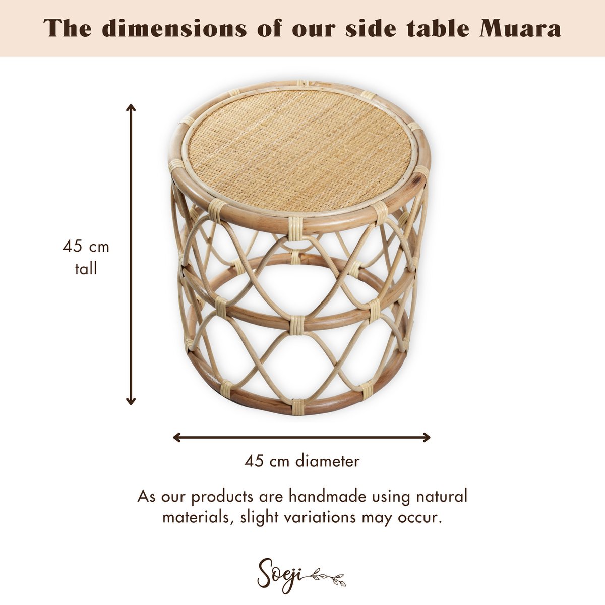 Ronde rotan bijzettafel – kleine boho salontafel – nachtkastje rotan beige – handgemaakte tafel gemaakt van natuurlijk rotan (Ø 45 cm) MUARA