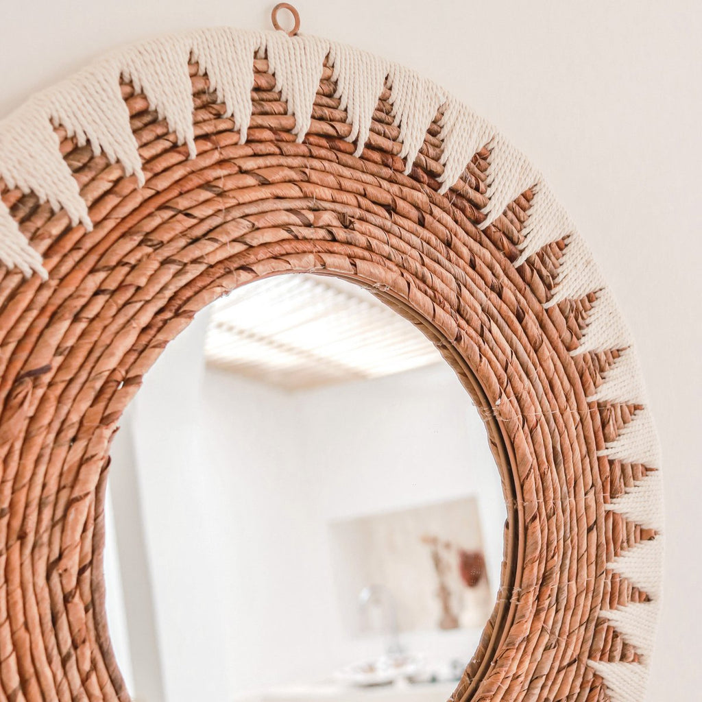 Ronde Boho Spiegel 60 cm | Handgemaakte geweven wandspiegel AWAN | Wanddecoratie met patroon gemaakt van katoenen koorden