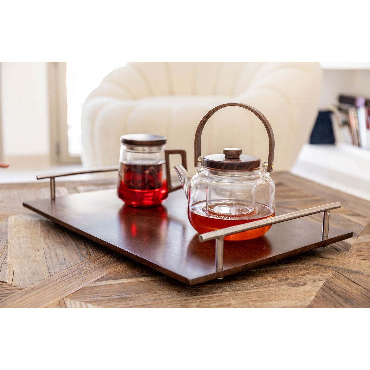 Glazen theepot met houten handgreep 17x14.8x12.5 cm