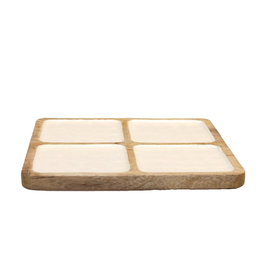 Wit vierkante schotel 4 mango houten compartimenten
