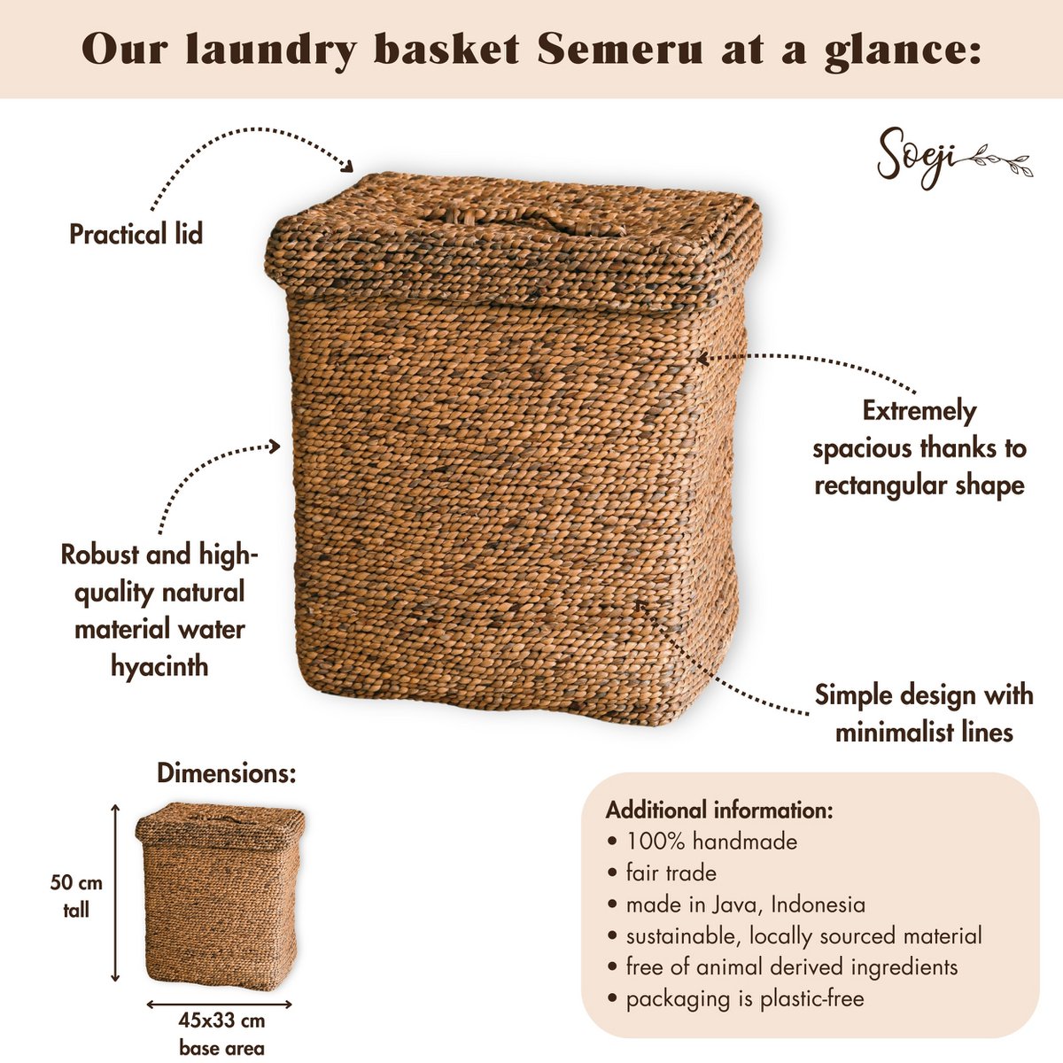 Grote wasmand met deksel - decoratieve geweven bruine mand - rechthoekige wasmand - boho mand handgemaakt van water hyacint semeru
