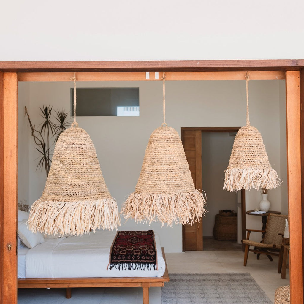 Raffia Boho Lampenkap – Hanglamp – Hanglamp – Handgeweven Plafondlamp met Lange Franjes (3 maten Ø 30/40/50 cm) KALIMA