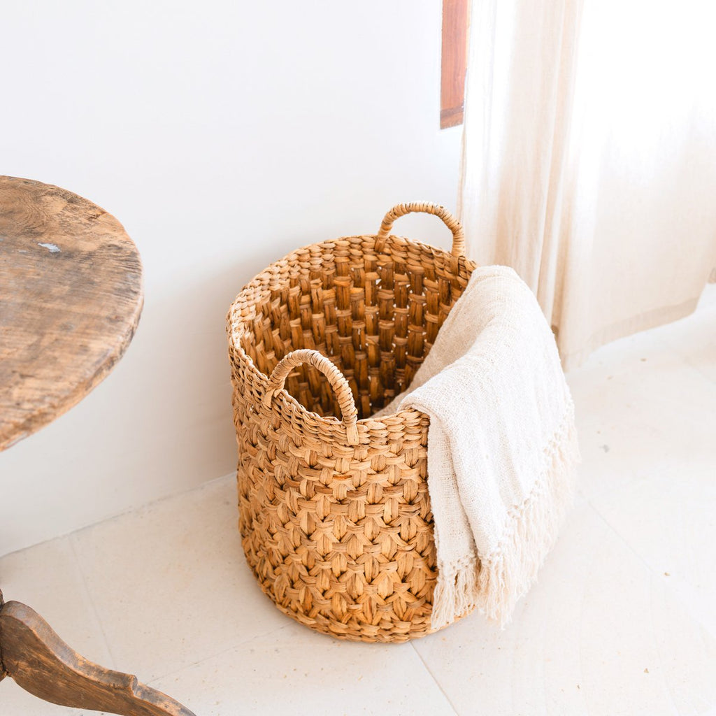 Rond geweven wasmand – Boho plantenmand – wasmand bruin – grote mand van waterhyacint RAJA (3 maten Ø 35/40/50 cm)