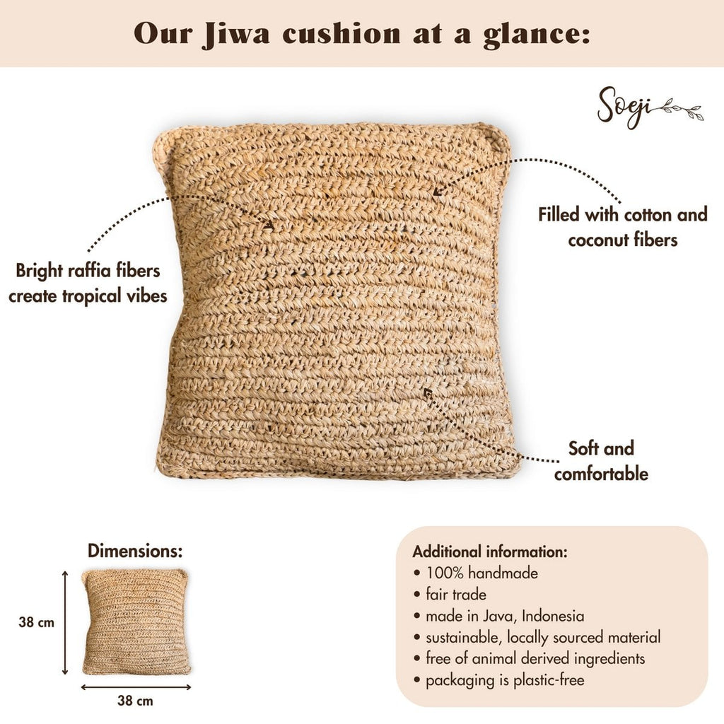 Boho kussen gemaakt van raffia - 40x40 cm decoratief geweven kussen - sofa kussen - natuurlijk beige vierkante kussen handgemaakt van raffia jiwa