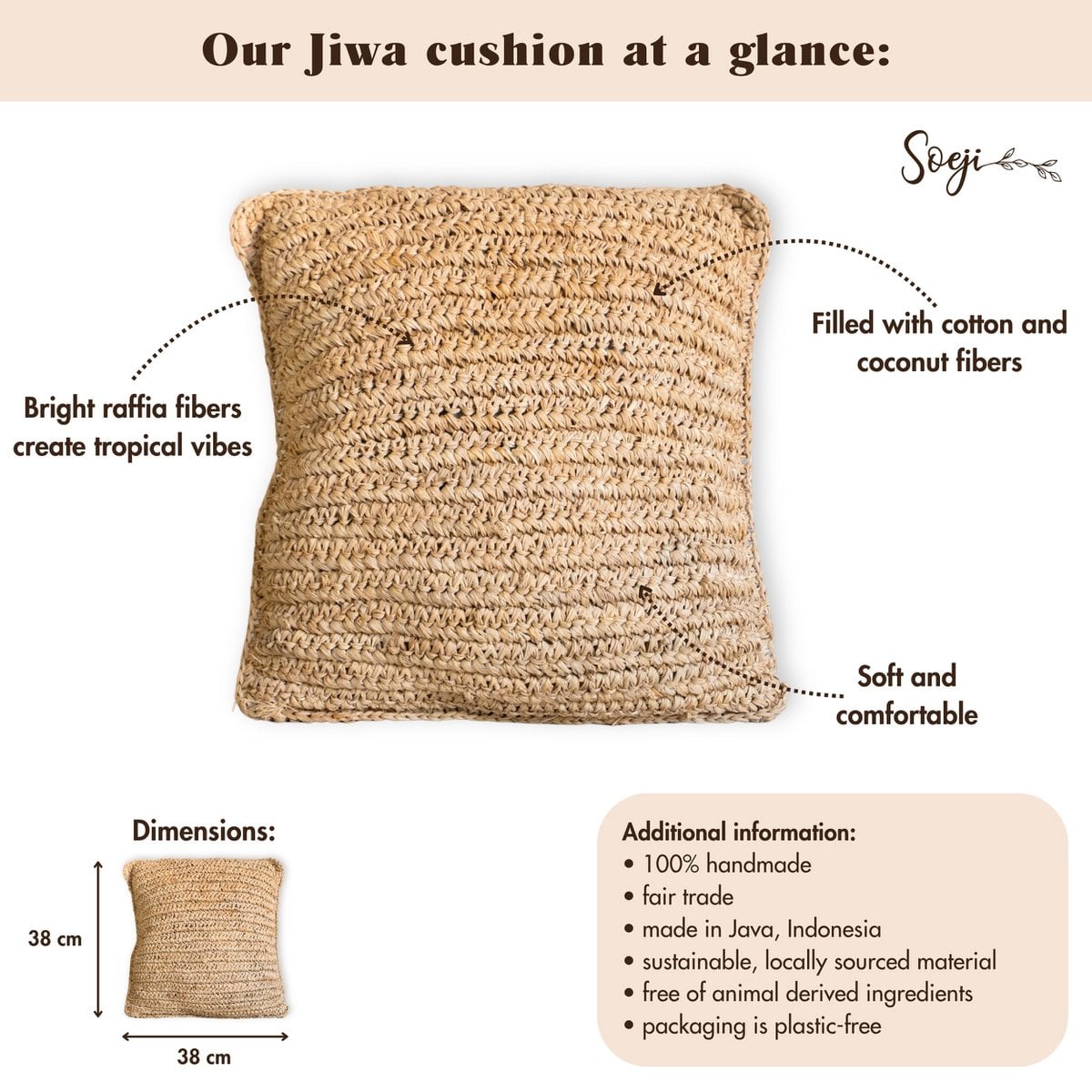 Boho kussen gemaakt van raffia - 40x40 cm decoratief geweven kussen - sofa kussen - natuurlijk beige vierkante kussen handgemaakt van raffia jiwa